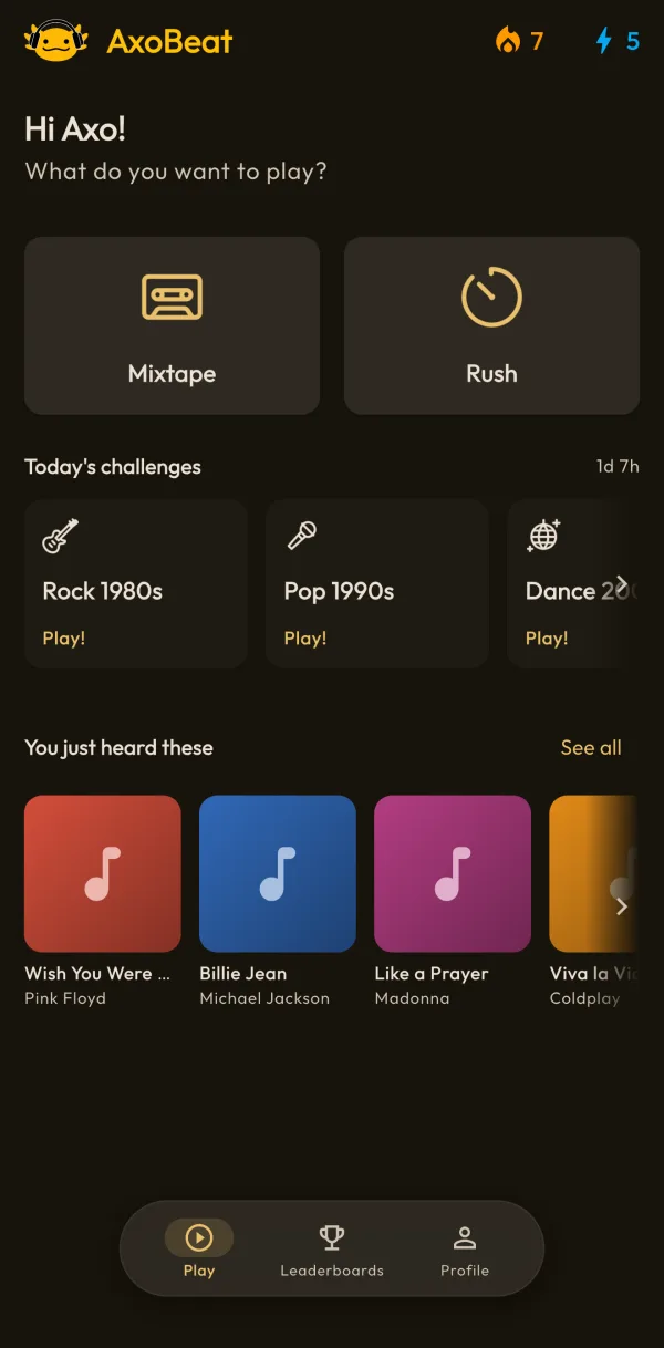 AxoBeat home with the Mixtape and Rush modes and today's challenges by genre and decade