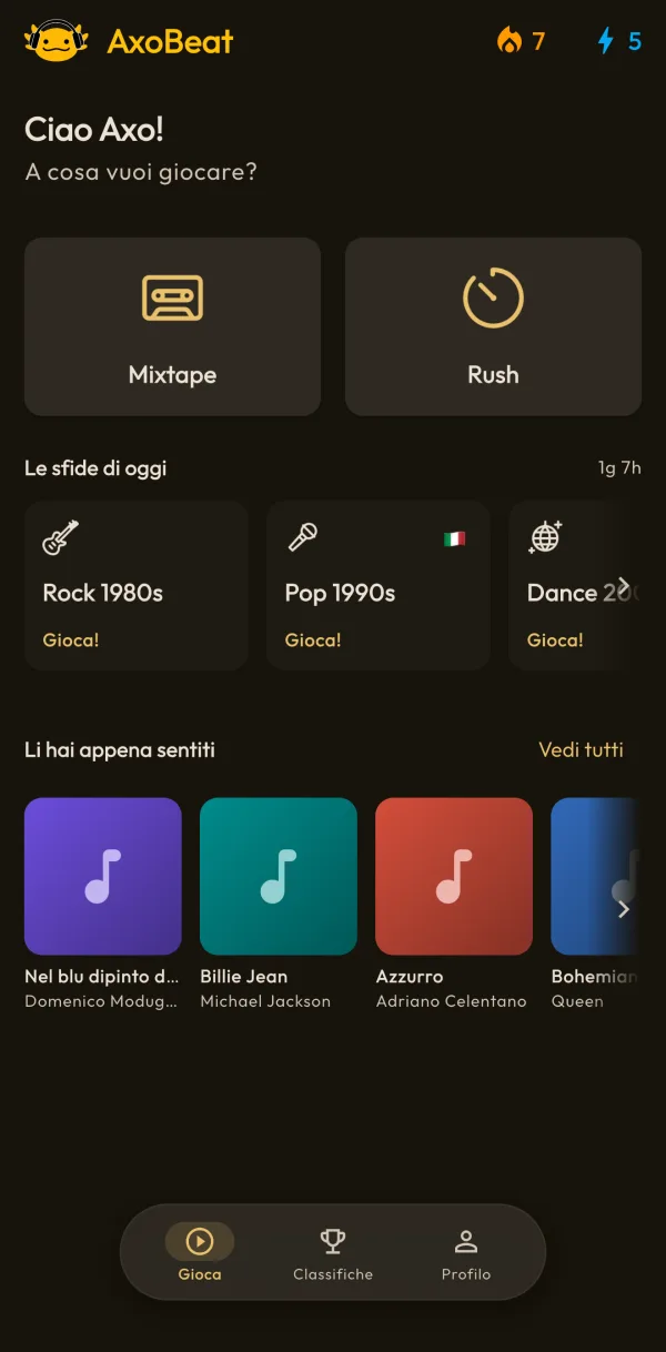Home di AxoBeat con le modalità Mixtape e Rush e le sfide di oggi per genere e decennio