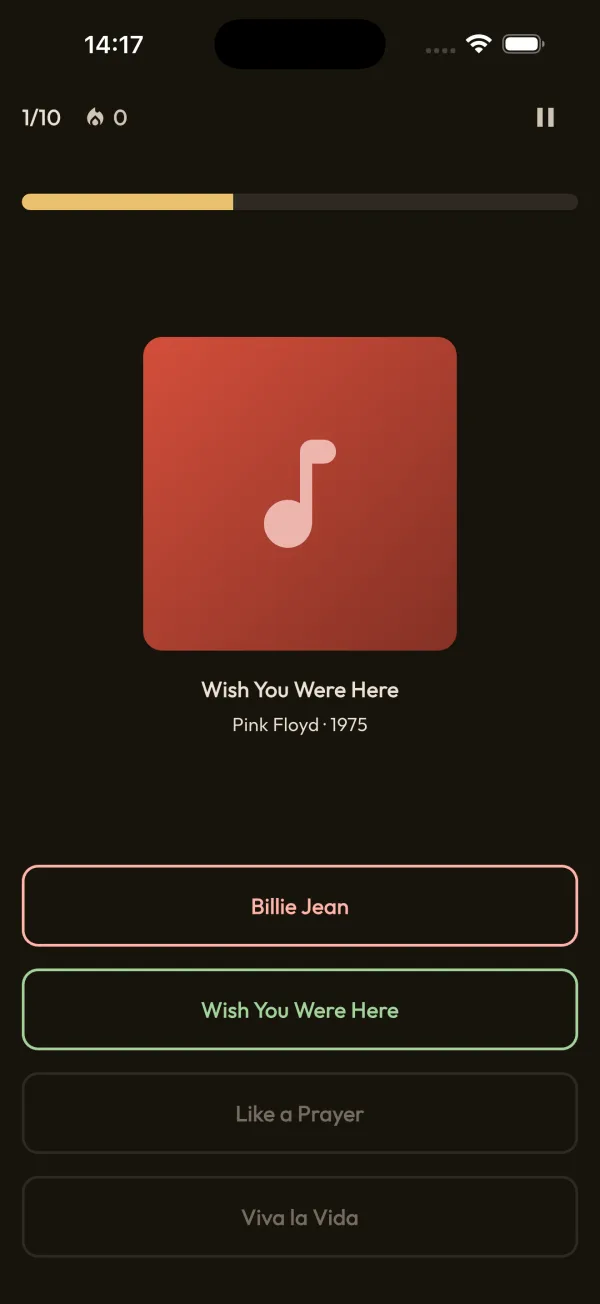 AxoBeat quiz screen with album cover, song and four answers