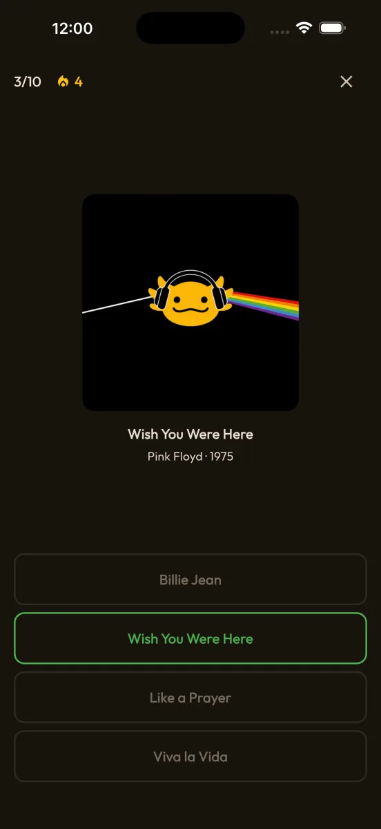 AxoBeat quiz screen with album cover, song and multiple answers