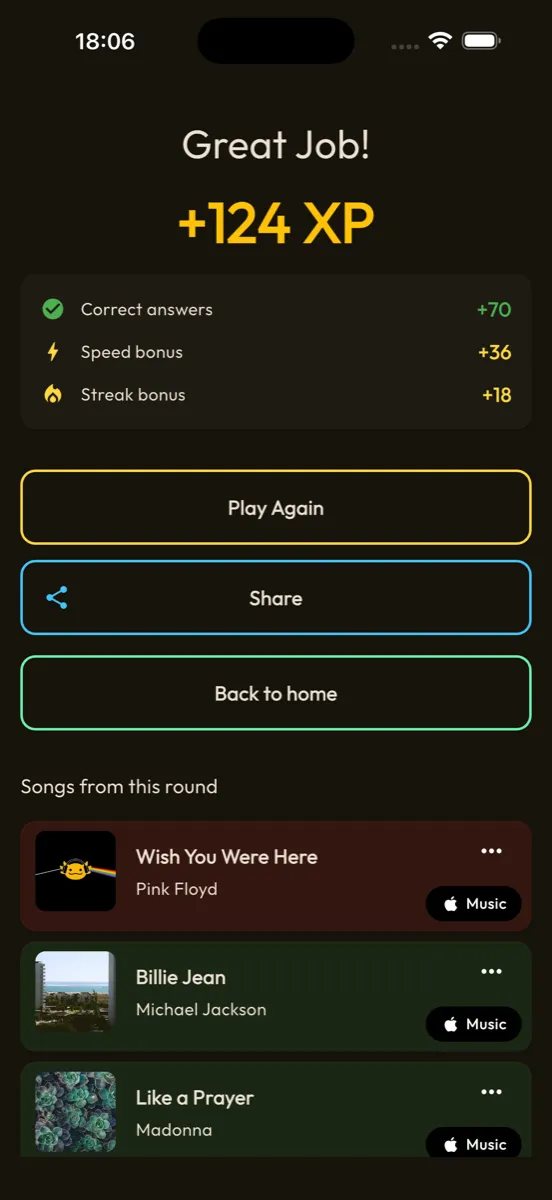 AxoBeat end-of-match song list with direct links to listen again