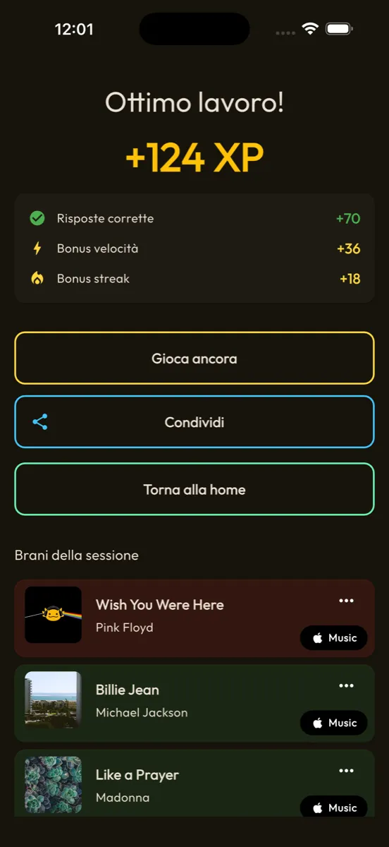 Brani della sessione a fine partita su AxoBeat, con link diretti per riascoltarli